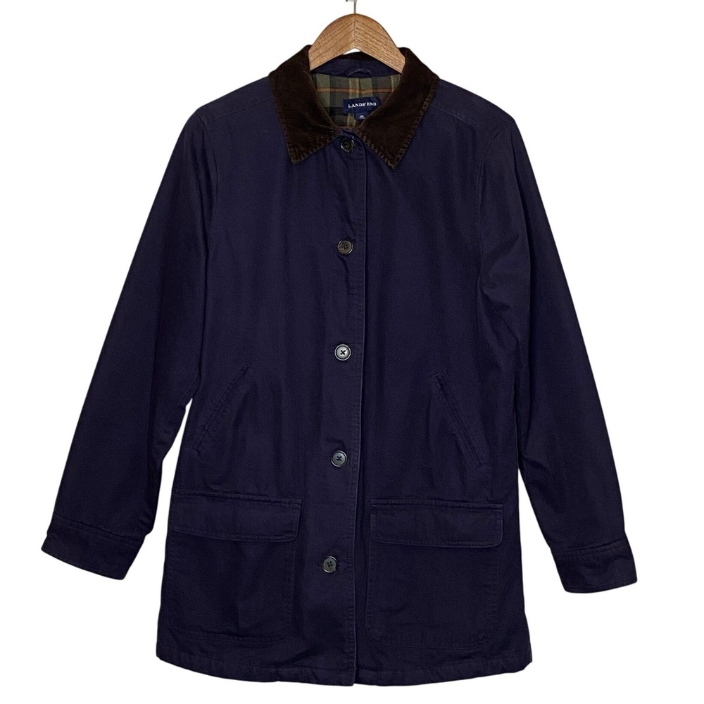 Lands End Womens Barn Chore Coat Size M Navy Blue Corduroy Collar Plaid Lined